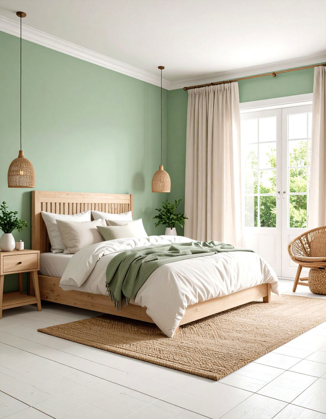 Chalky Pastel Green Walls with Whitewashed Floors - 20 Green and White Bedroom Ideas