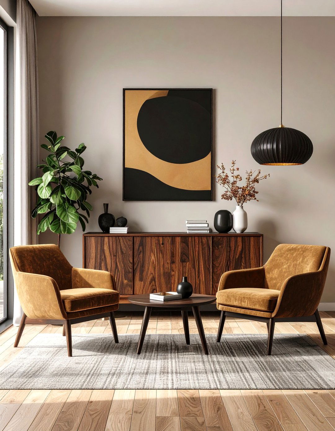 Channel Mid Century Warmth with Walnut - 20 Black and Brown Living Room Ideas