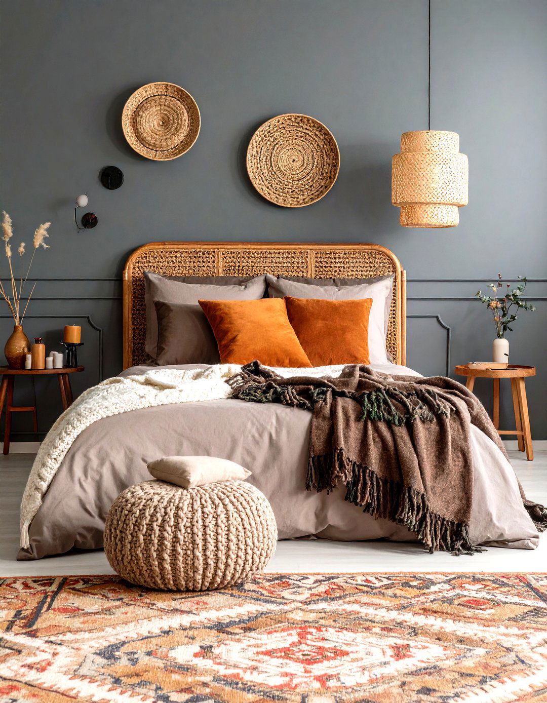 Charcoal Accent Wall Grounds the Bedroom - 20 Dark Boho Bedroom Ideas