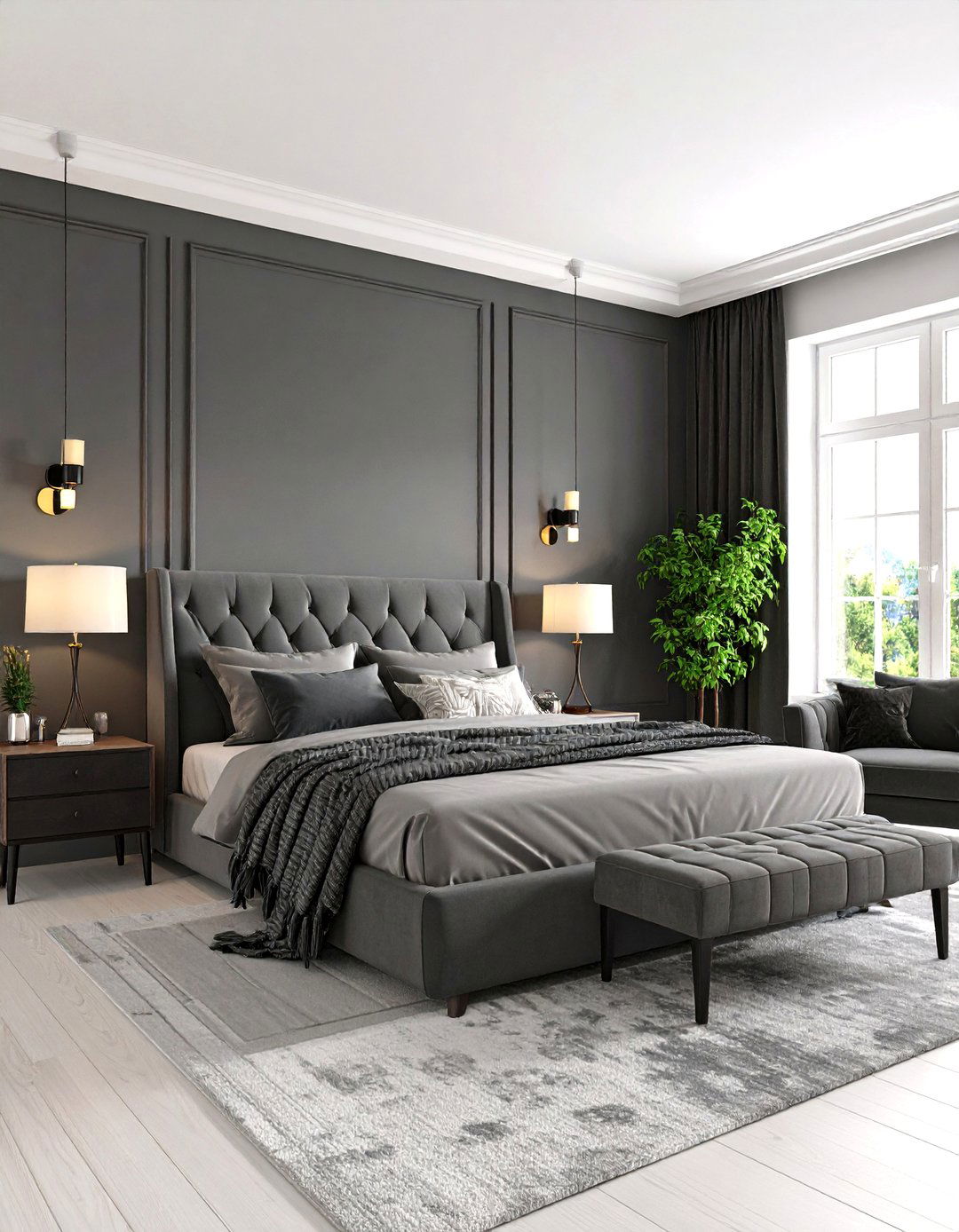 Charcoal Accent Wall Sets a Moody Foundation - 20 Dark Grey Bedroom Ideas