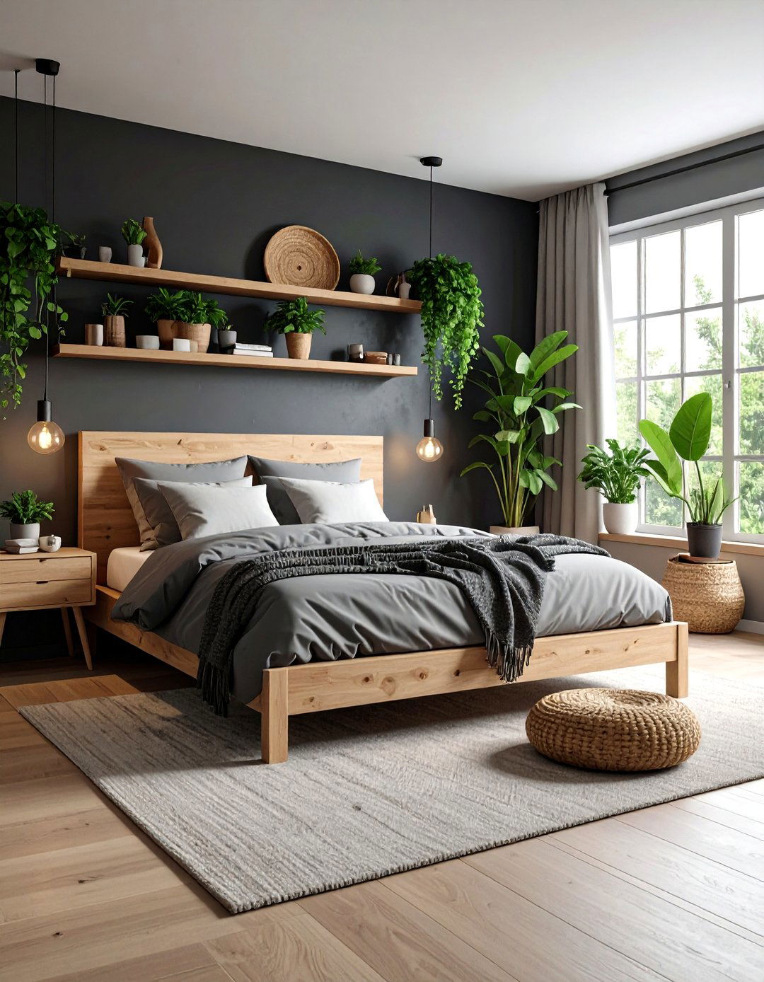 Charcoal Bedroom with Natural Wood Accents - 20 Charcoal Bedroom Ideas