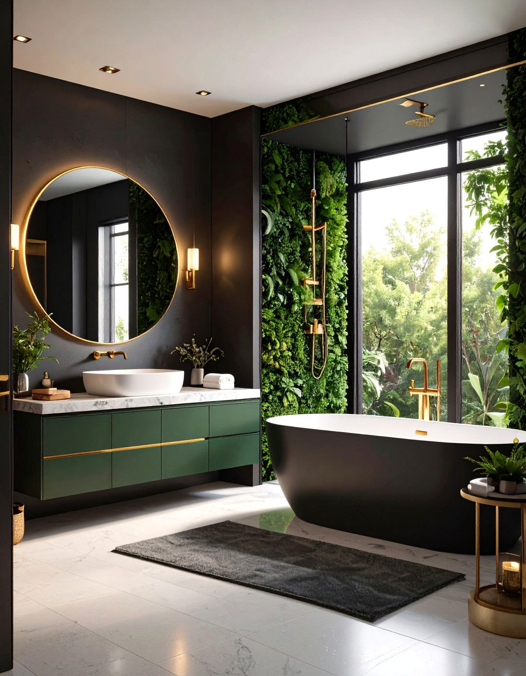 Charcoal Contrast Bathroom with Green and Gold Highlights - 20 Green and Gold Bathroom Ideas