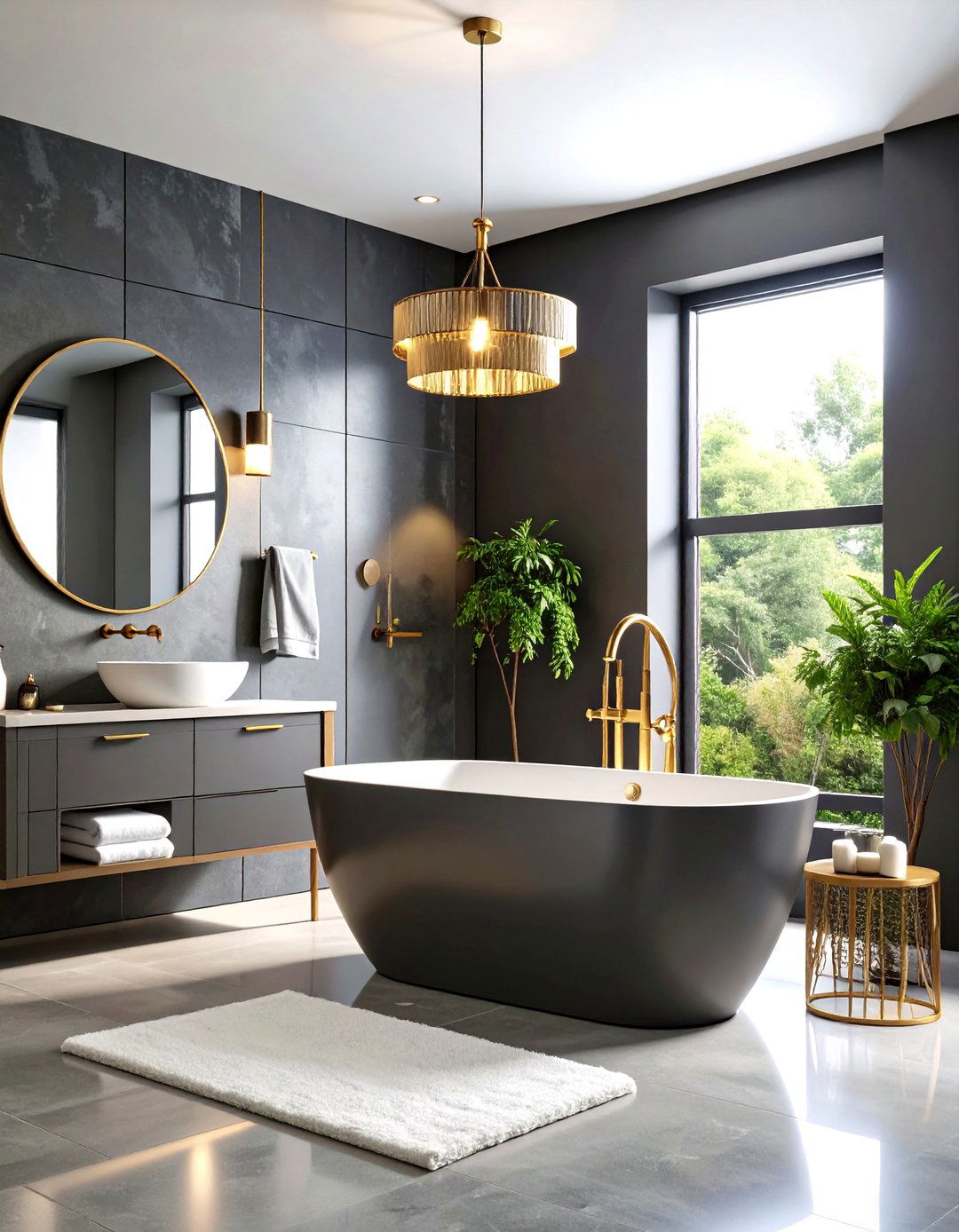 Charcoal Grey Bathroom with Brass Accents - 20 Grey Bathroom Ideas