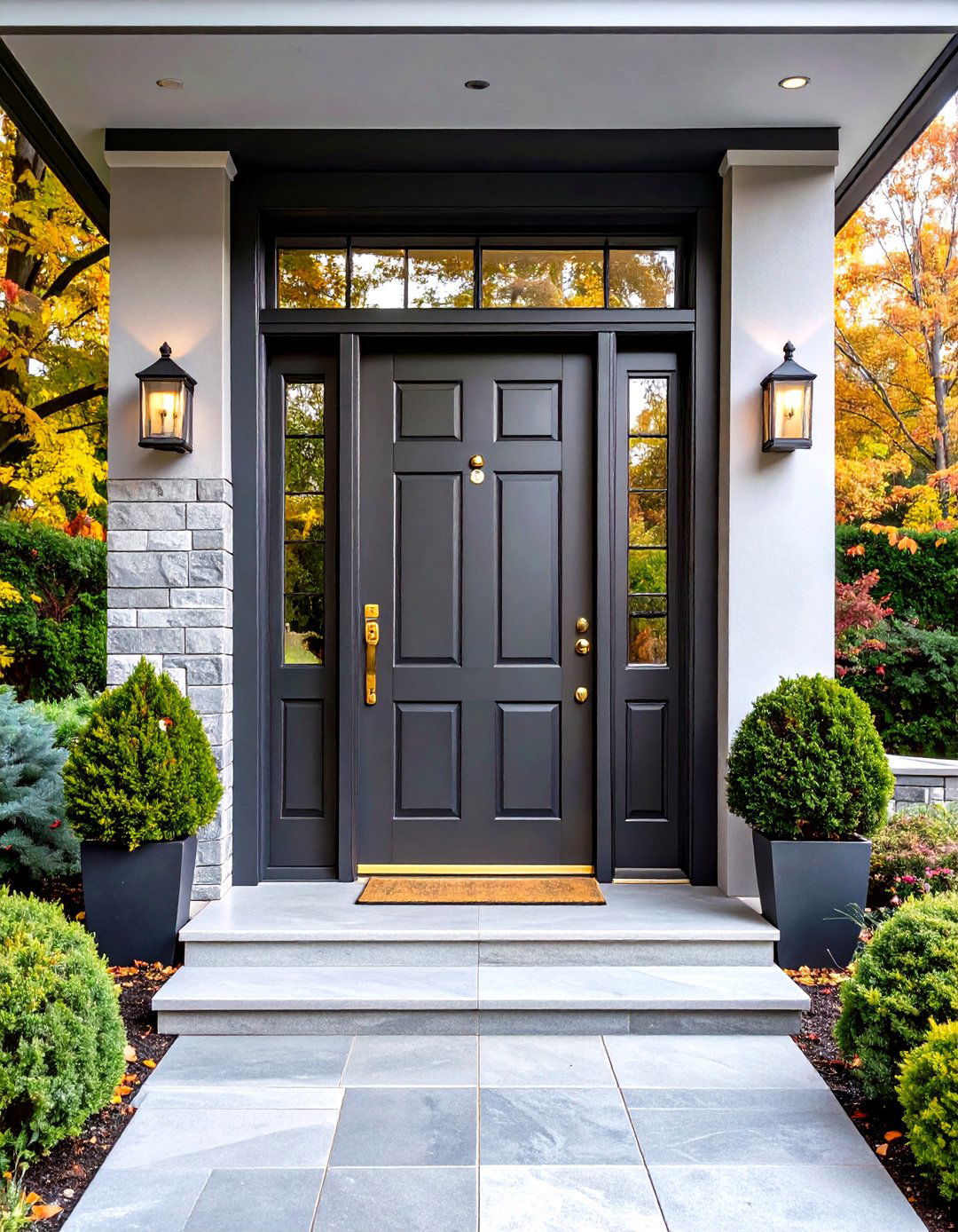 Charcoal Grey Front Door with Warm Brass Hardware - 20 Grey Front Door Ideas