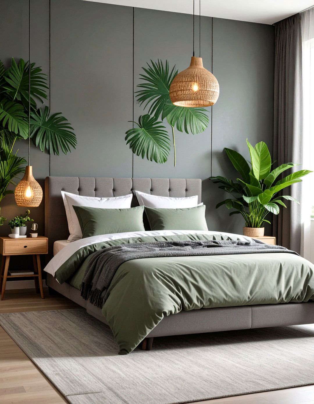 Charcoal Grey Wallpaper with Botanical Green Prints - 20 Green and Grey Bedroom Ideas