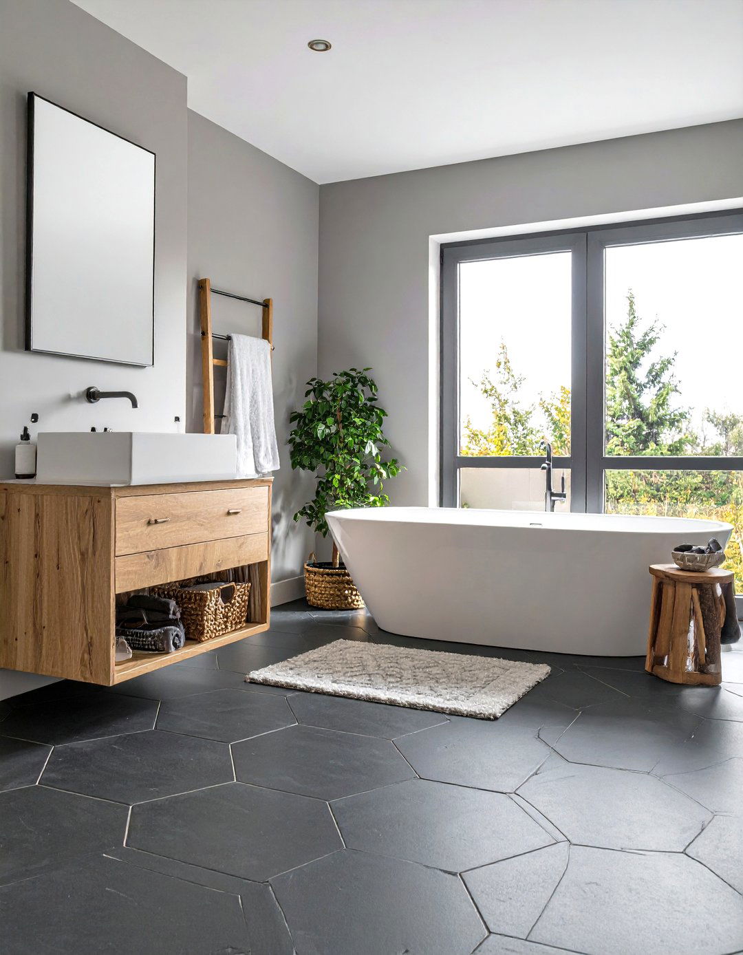 Charcoal Hexagon Grey Tile Floor - 20 Grey Tile Bathroom Ideas