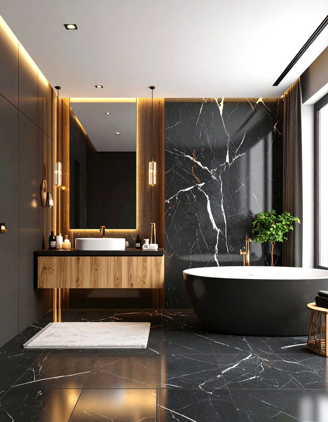 Charcoal Marble Accent Wall Adds Luxe Depth - 20 Dark Bathroom Ideas