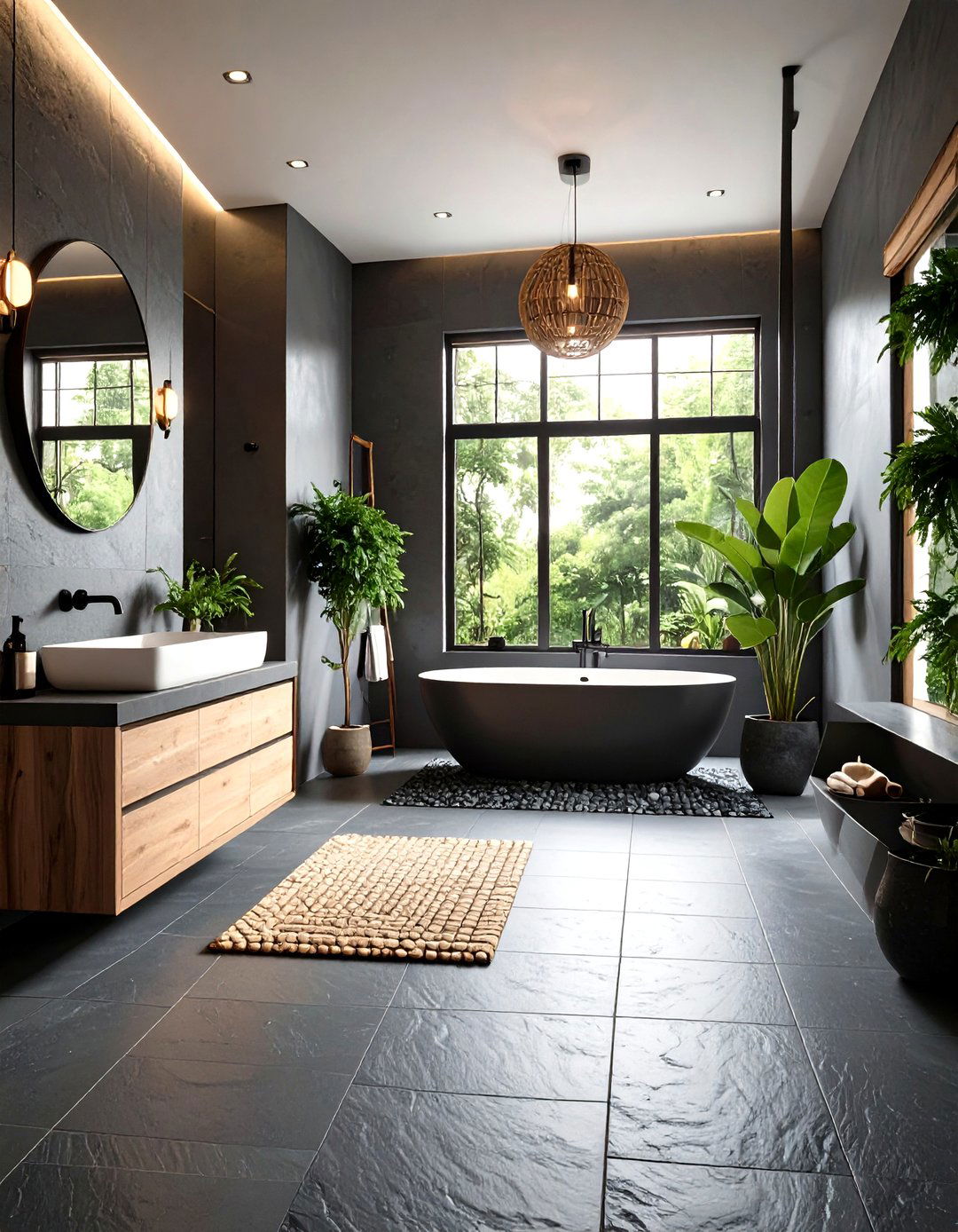 Charcoal Slate Floors Add Raw Texture - 20 Gray Floor Bathroom Ideas