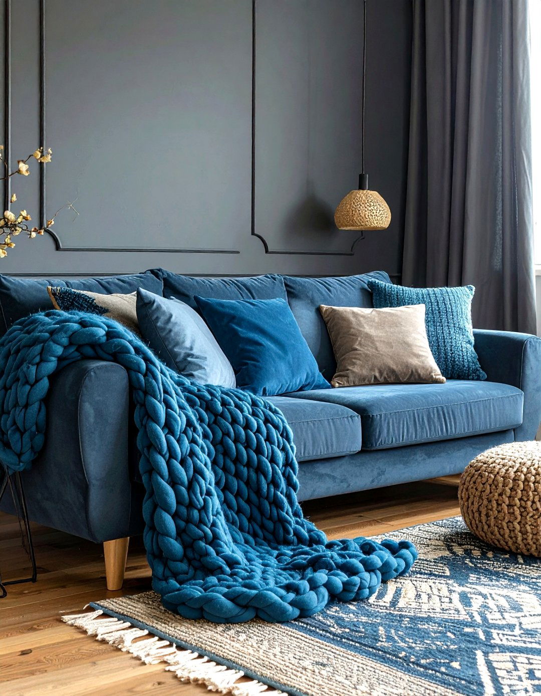 Charcoal Walls Softened by Sky Blue Textiles - 20 Black and Blue Living Room Ideas