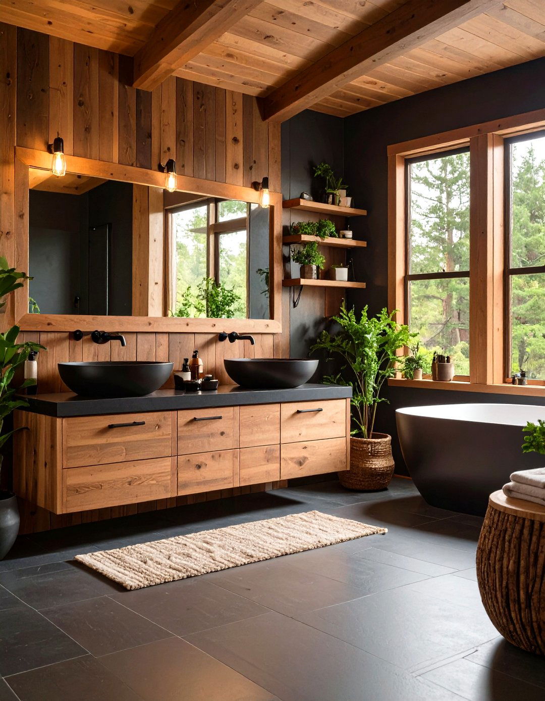 Charred Wood Accents Warm the Palette - 20 Dark Bathroom Ideas