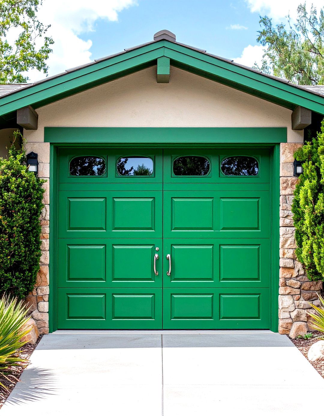 Chartreuse Green Garage Door with Mid Century Lines - 20 Green Garage Door Ideas