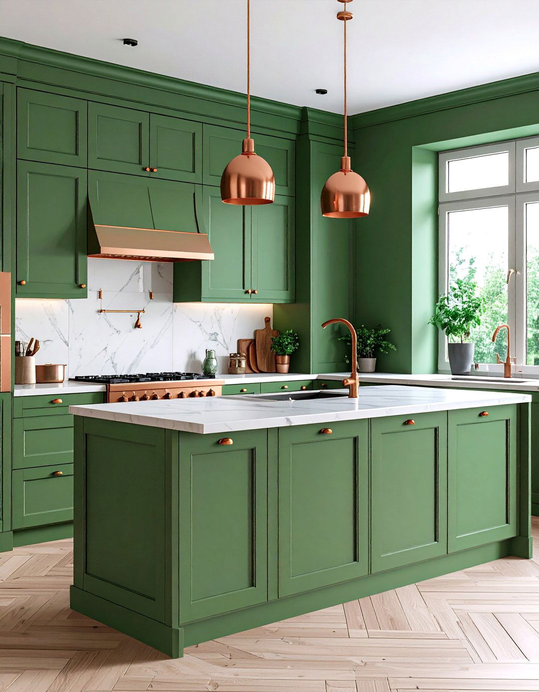 Chartreuse Green Kitchen Walls Framed by Copper Trim - 20 Green and Copper Kitchen Ideas