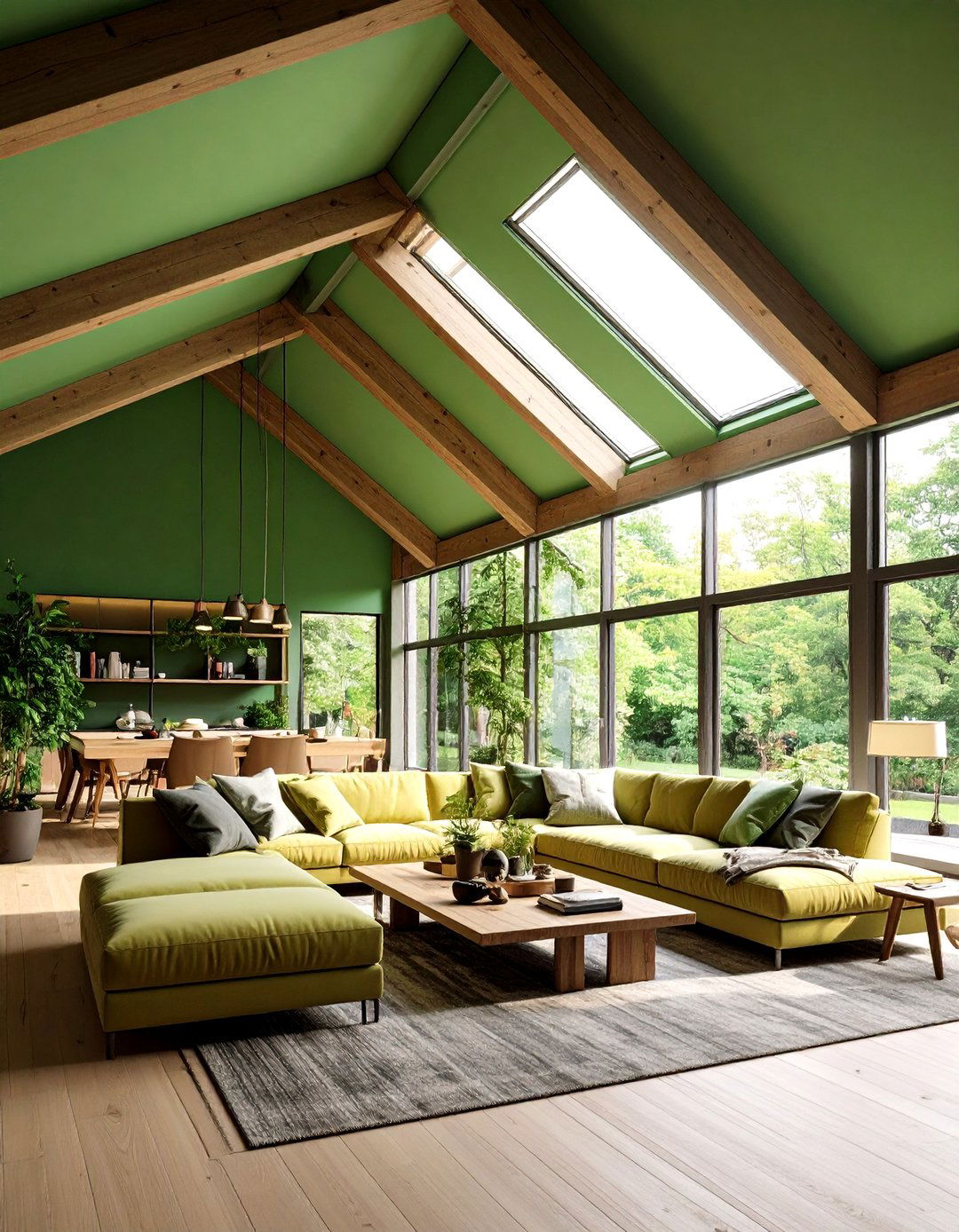 Chartreuse Vaulted Loft Ceiling Celebrates Height - 20 Green Ceiling Ideas