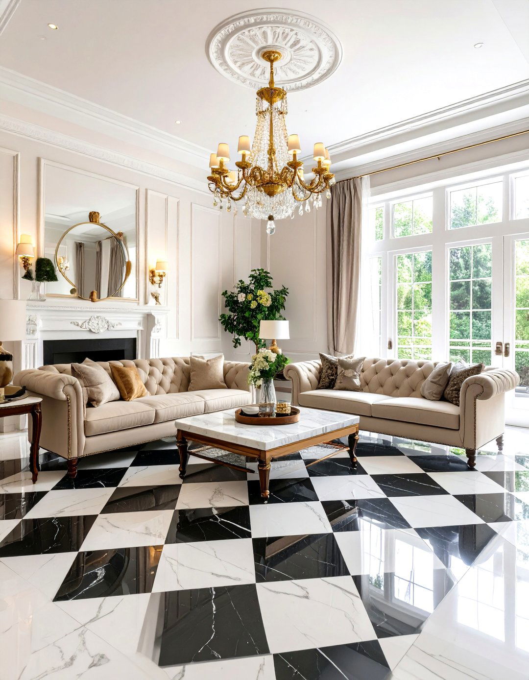 Checkerboard Classic Revival - 20 Marble Floor Living Room Ideas