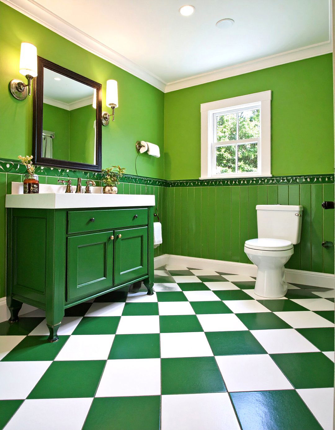 Checkerboard Green and White Tile Floor in a Powder Room - 20 Green Powder Room Ideas