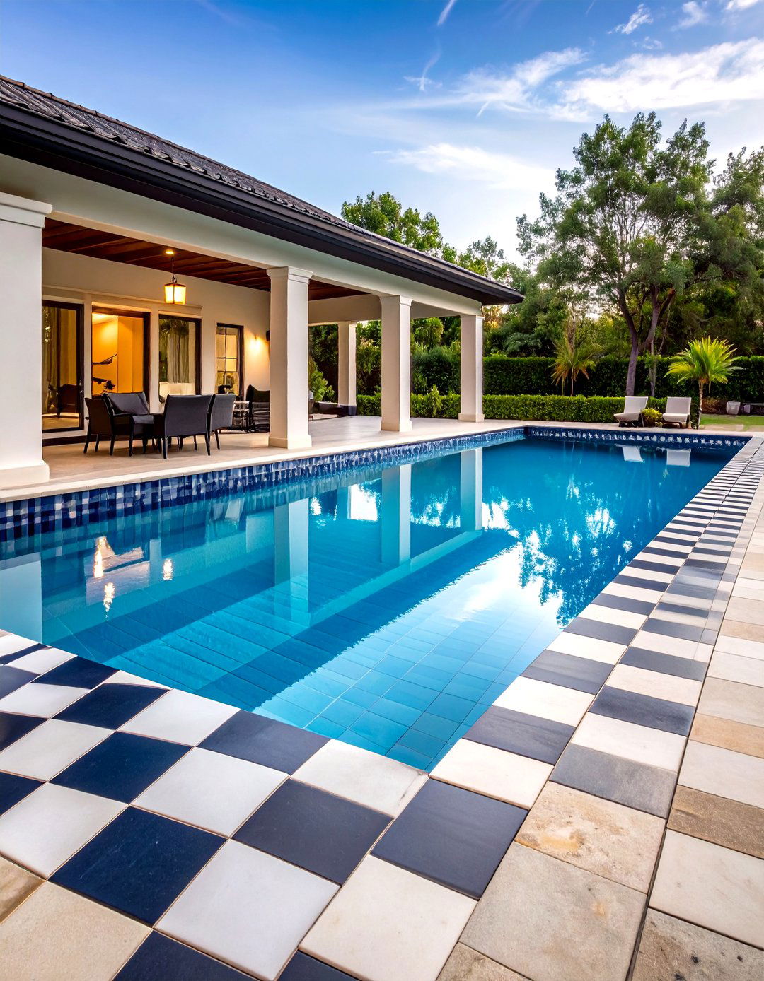 Checkerboard Pattern Waterline Pool Tile Design - 20 Waterline Pool Tile Ideas