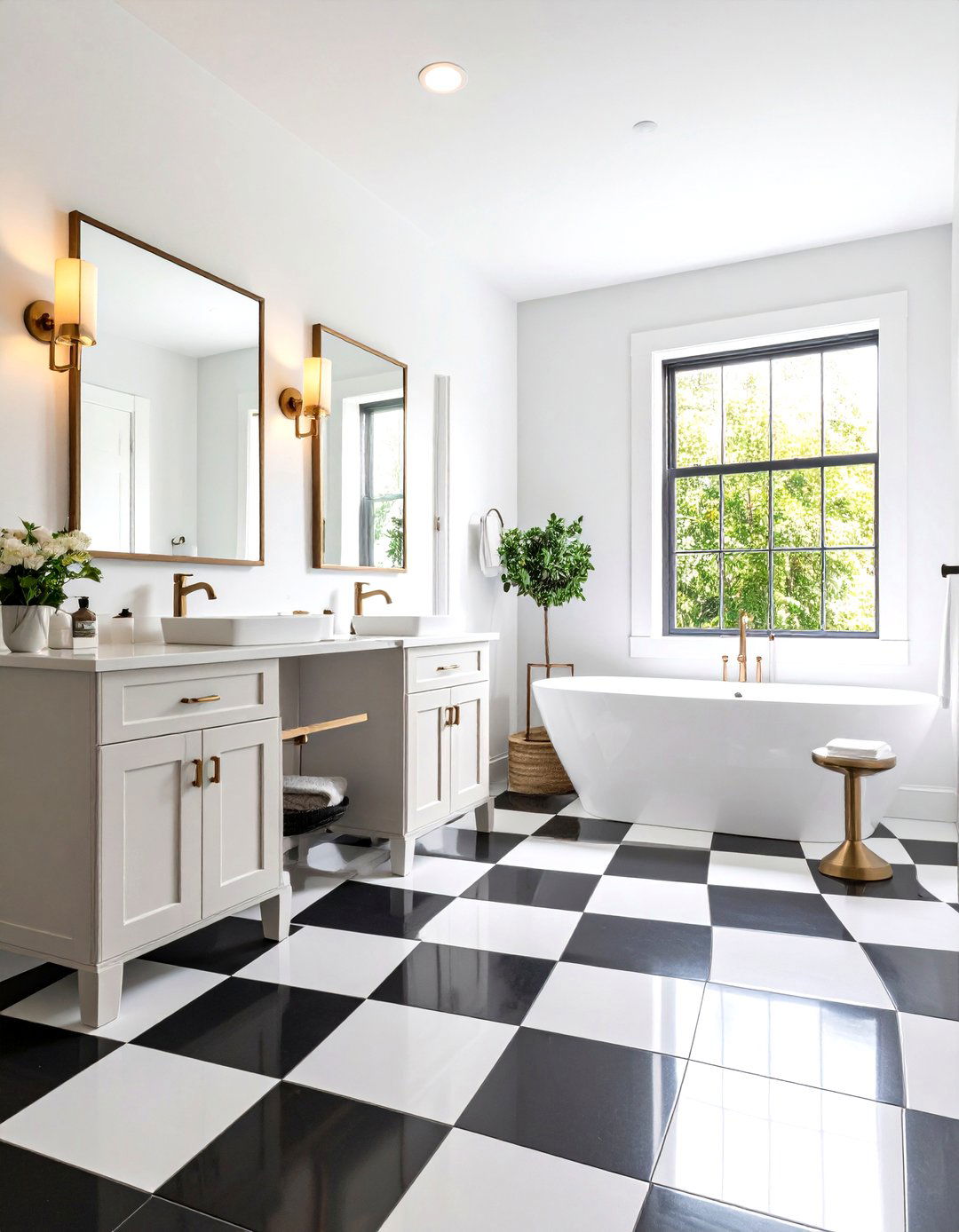 Checkerboard Powder Room Floor Tile in Classic Black and White - 20 Powder Room Floor Tile Ideas