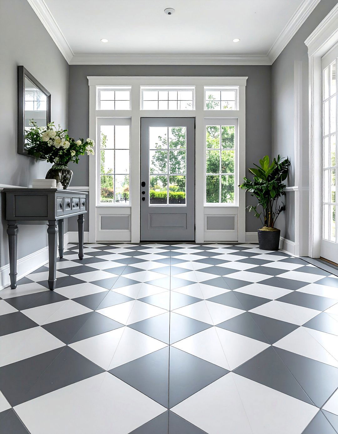 Checkered Grey and White Flooring in the Foyer - 20 Grey and White House Interior Design Ideas