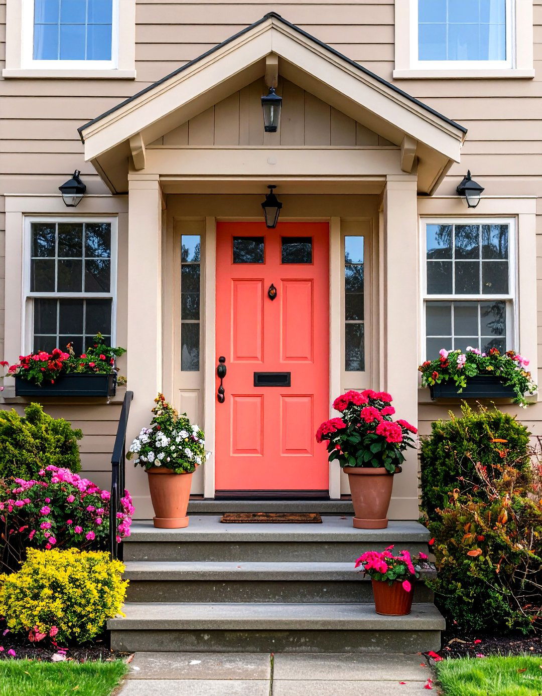 Cheerful Taupe with Bright Coral Door Statement - 20 Exterior Taupe House Color Combinations