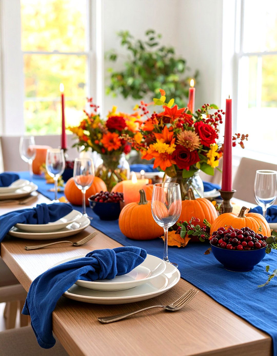 Cherry Red and Blue Thanksgiving Table Decor - 20 thanksgiving table decor ideas