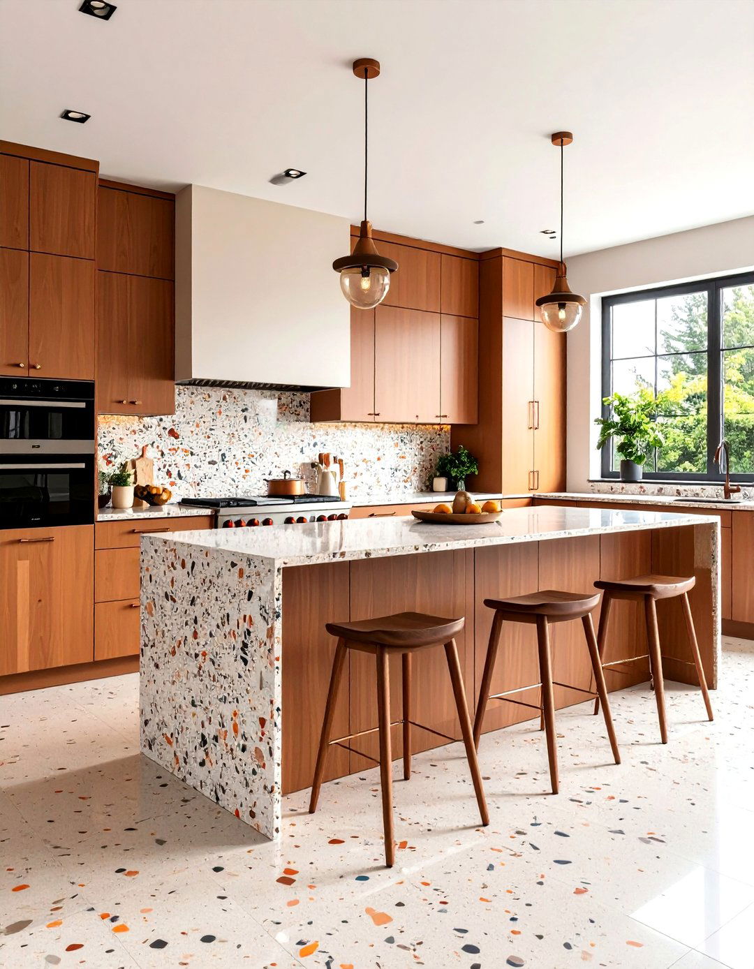 Chestnut Cabinets with Terrazzo Accents - 20 Brown Kitchen Cabinets Ideas