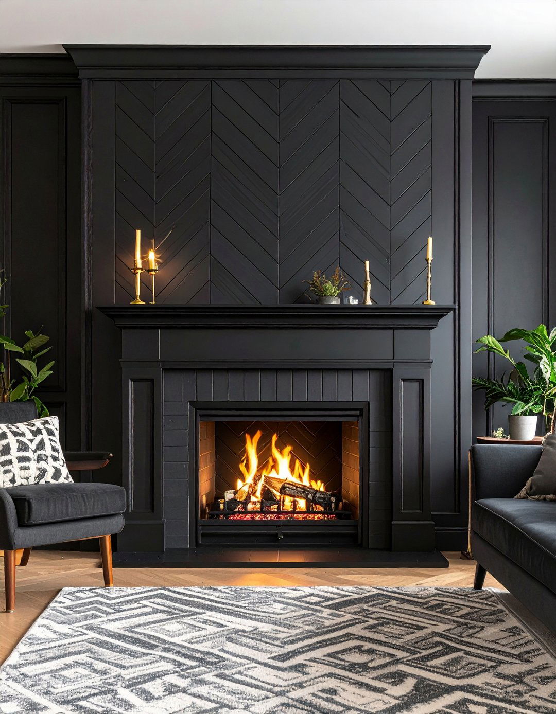 Chevron Pattern Across a Black Shiplap Fireplace - 20 Black Shiplap Fireplace Ideas