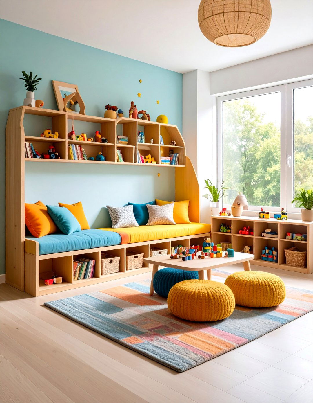 Childrens Playroom Window Seat with Toy Storage