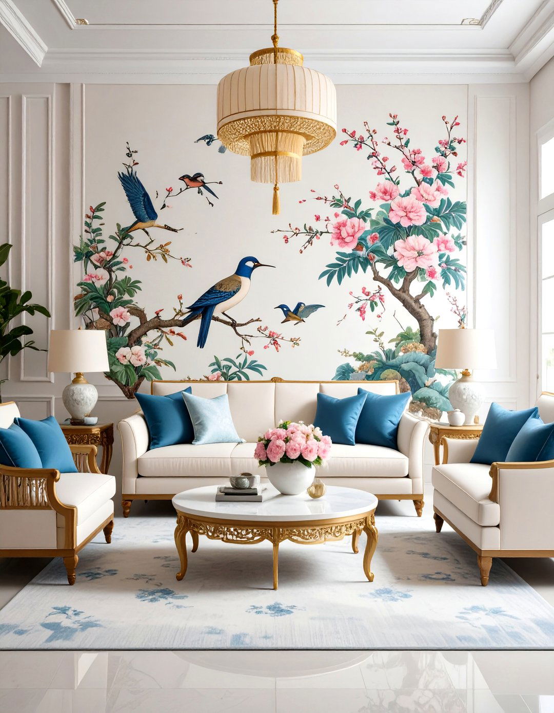 Chinoiserie Wallpaper Feature Wall Living Room - 20 Chinoiserie Living Room Ideas
