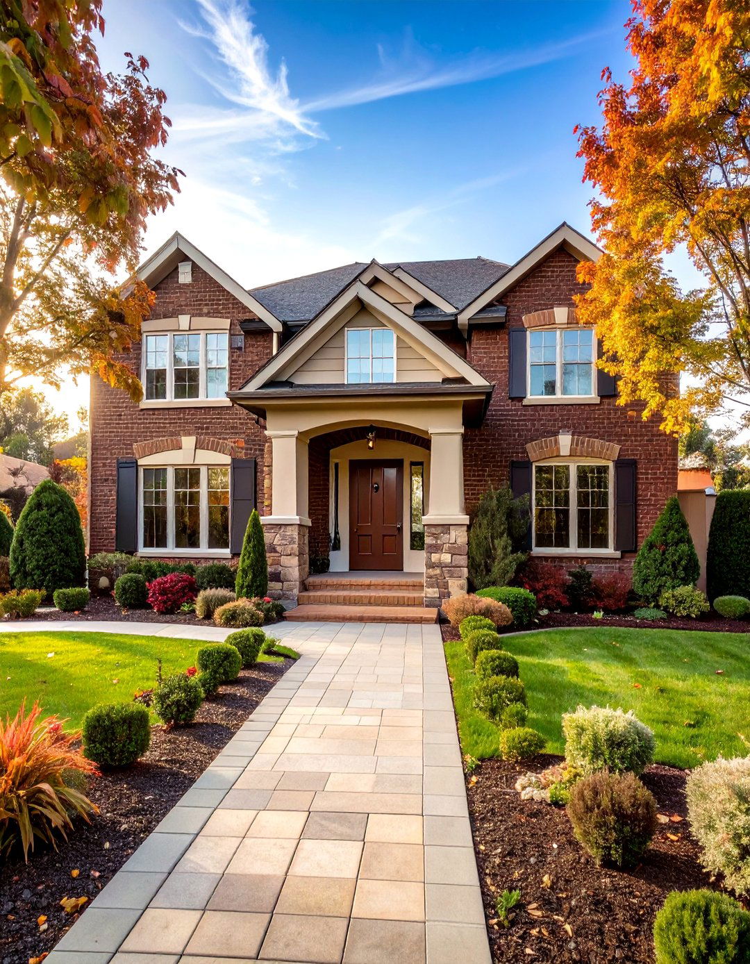 Chocolate Brown Brick with Cream Stone Accents - 20 Chocolate Brown House Exterior Design Ideas