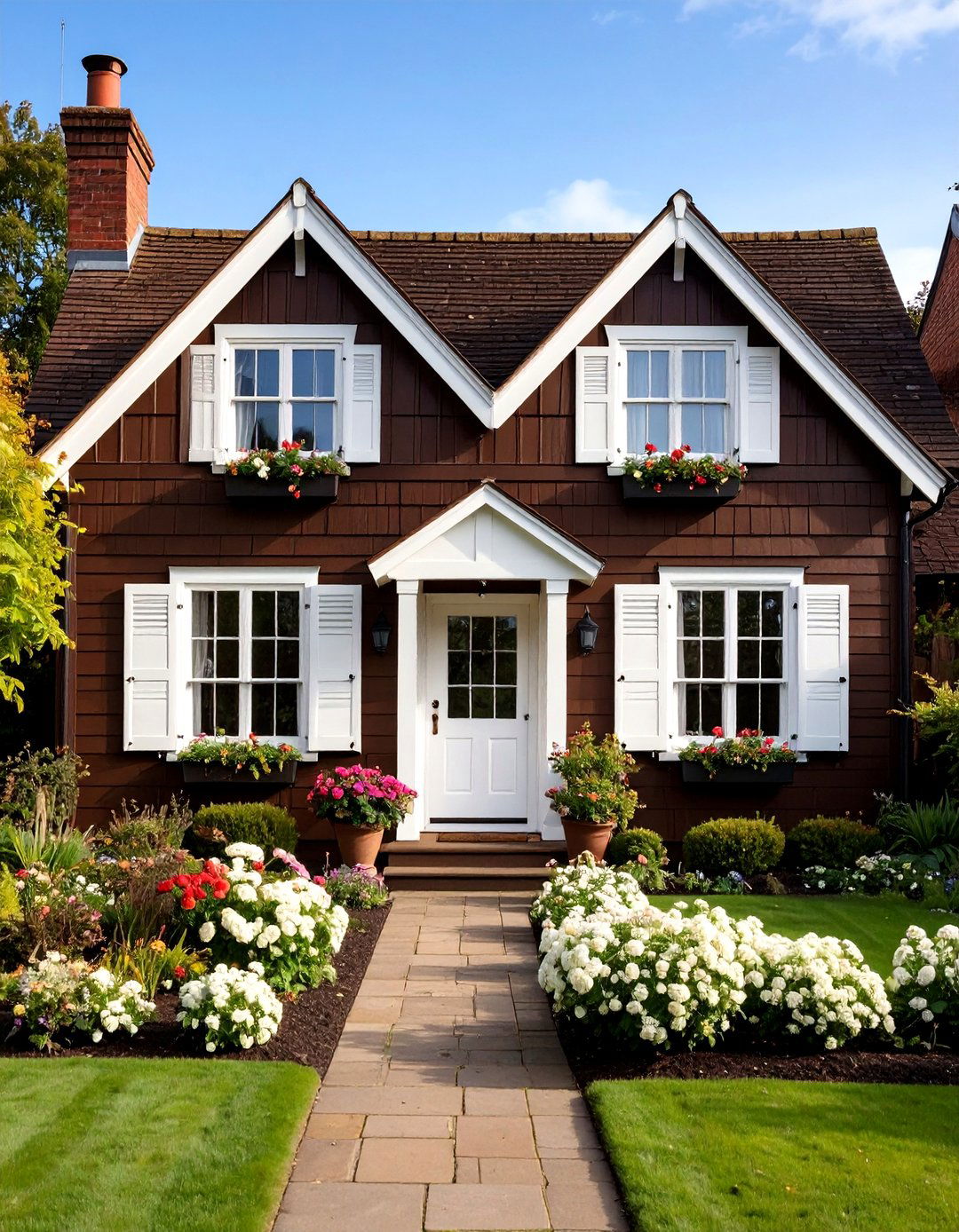 Chocolate Brown Cottage Style with White Trim - 20 Chocolate Brown House Exterior Design Ideas