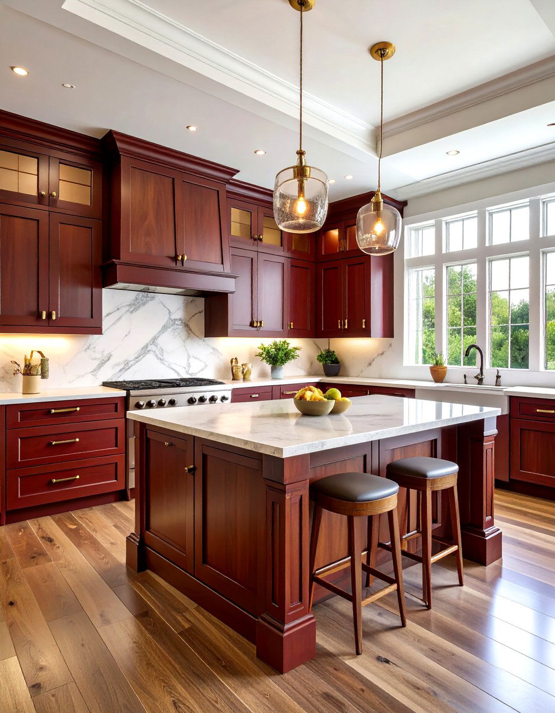 Chocolate Shaker with Marble Contrast - 20 Brown Kitchen Cabinets Ideas