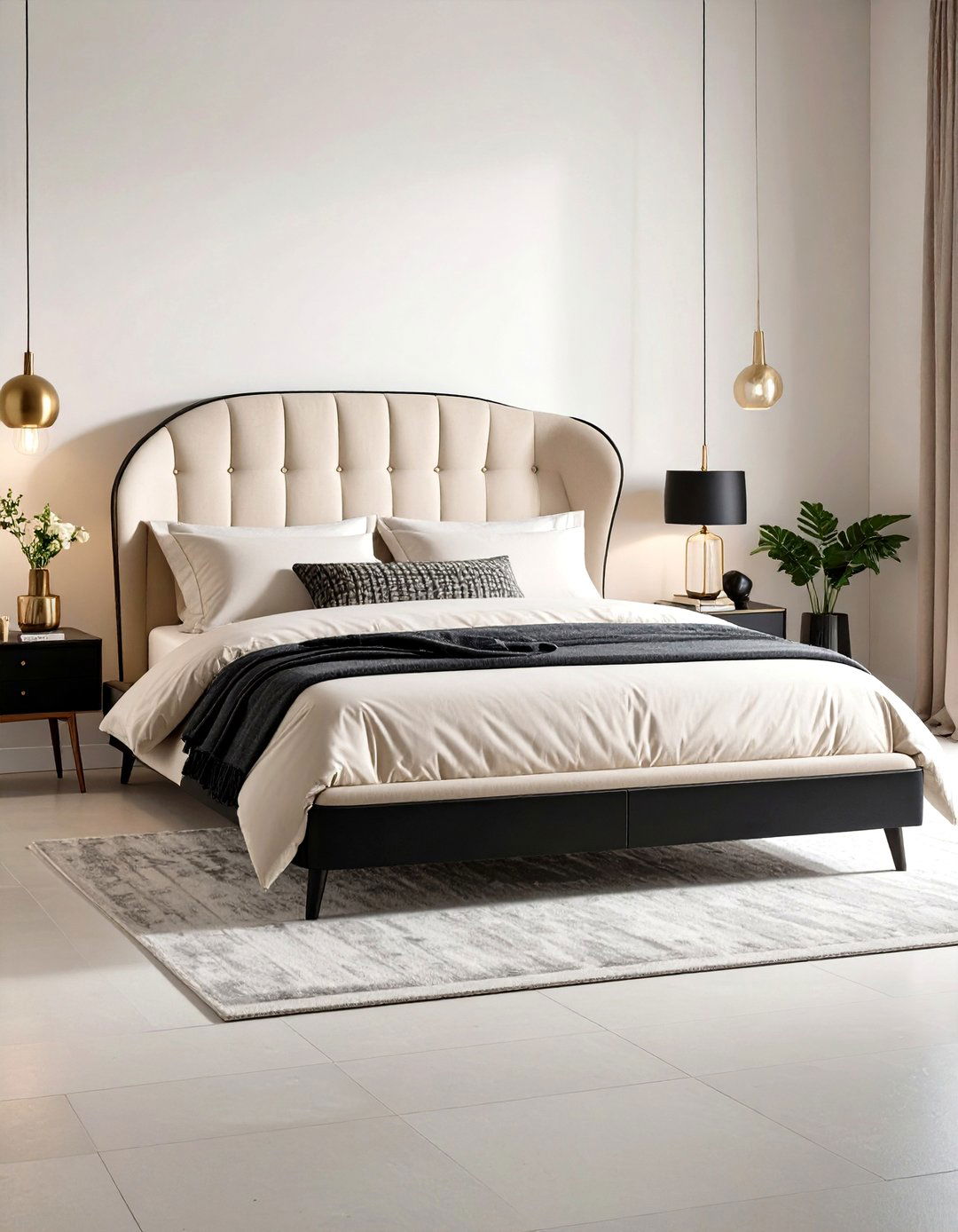 Choose a Boucle Cream Bed with Sleek Black Frame - 20 Cream and Black Bedroom Ideas