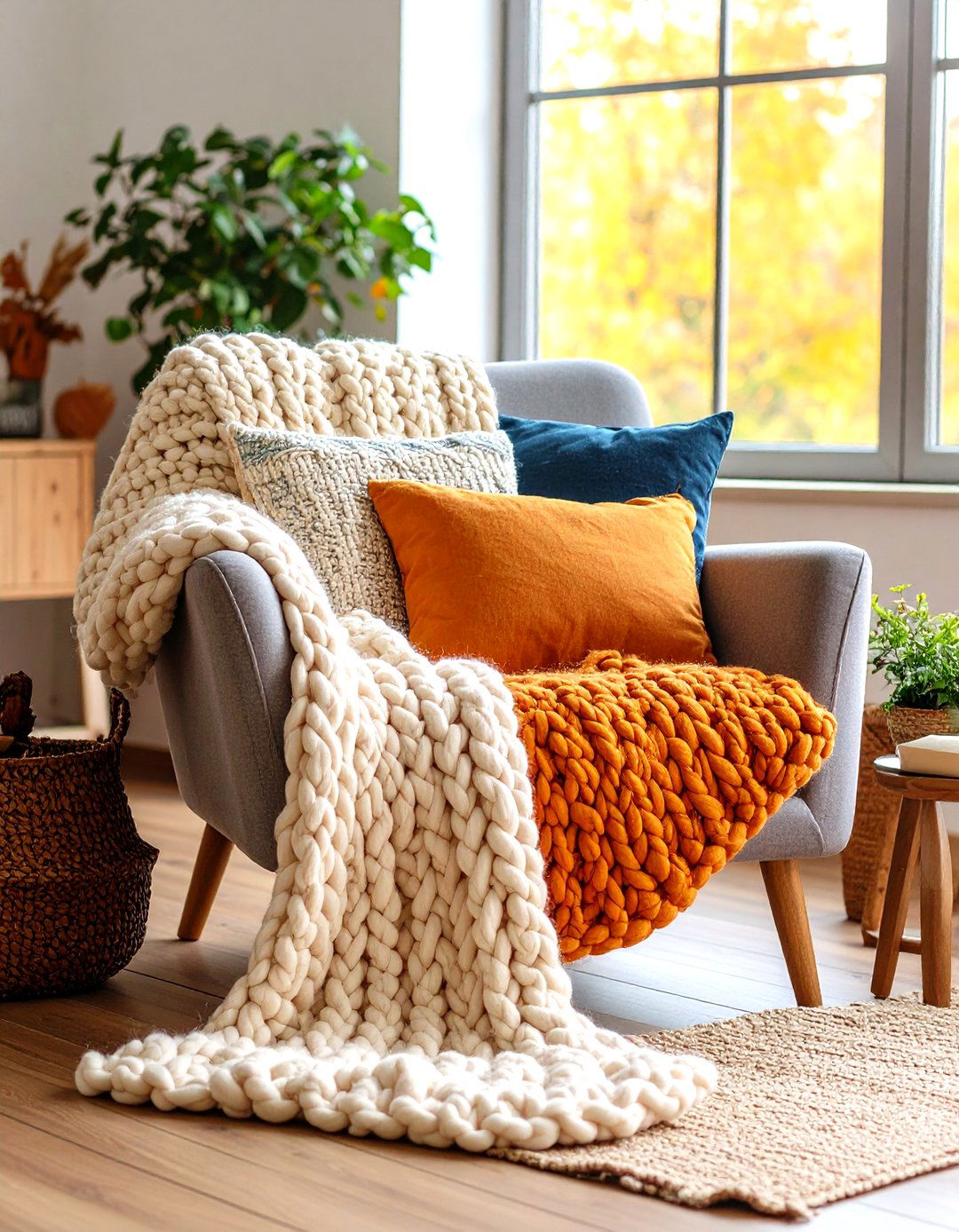 Chunky Knit Throws and Pillows Add Instant Hygge to the Farmhouse Living Room - 20 Farmhouse Living Room Ideas