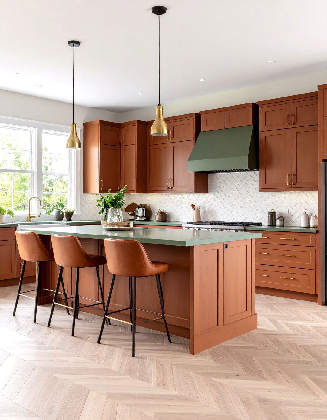 Cinnamon Brown Cabinets with Green Quartz - 20 Brown Kitchen Cabinets Ideas