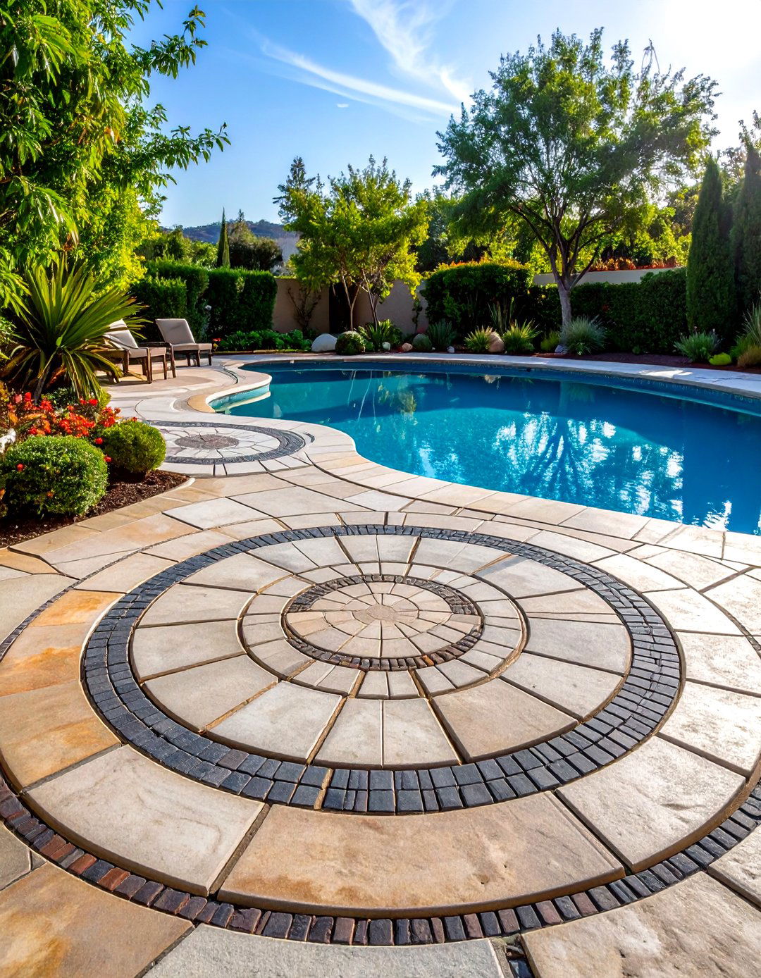 Circular Inlay Concrete Pavers Pool Accent - 20 Concrete Pavers Around Pool Ideas