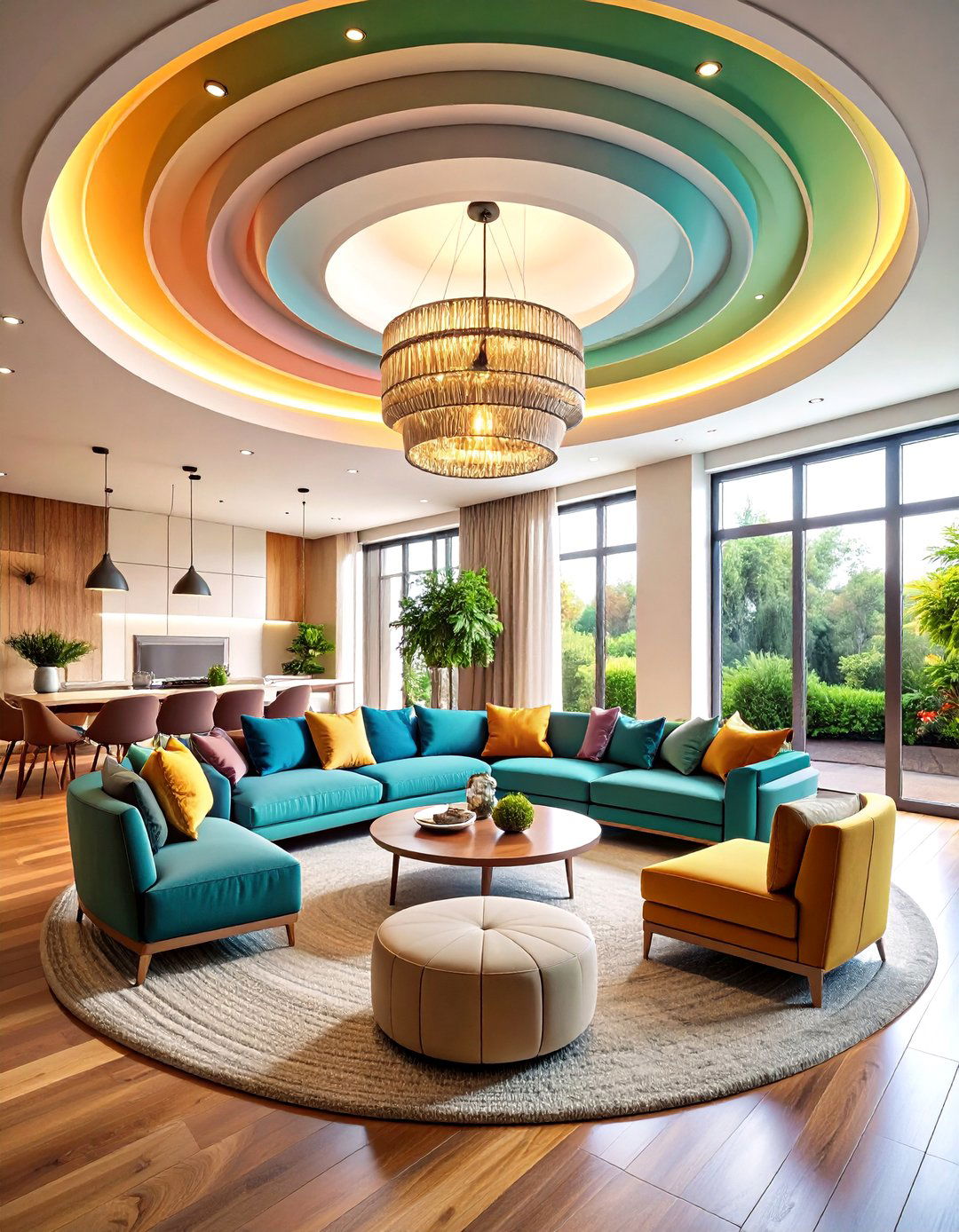 Circular Living Room False Ceiling with Radial Lighting Pattern - 20 Living Room False Ceiling Design Ideas