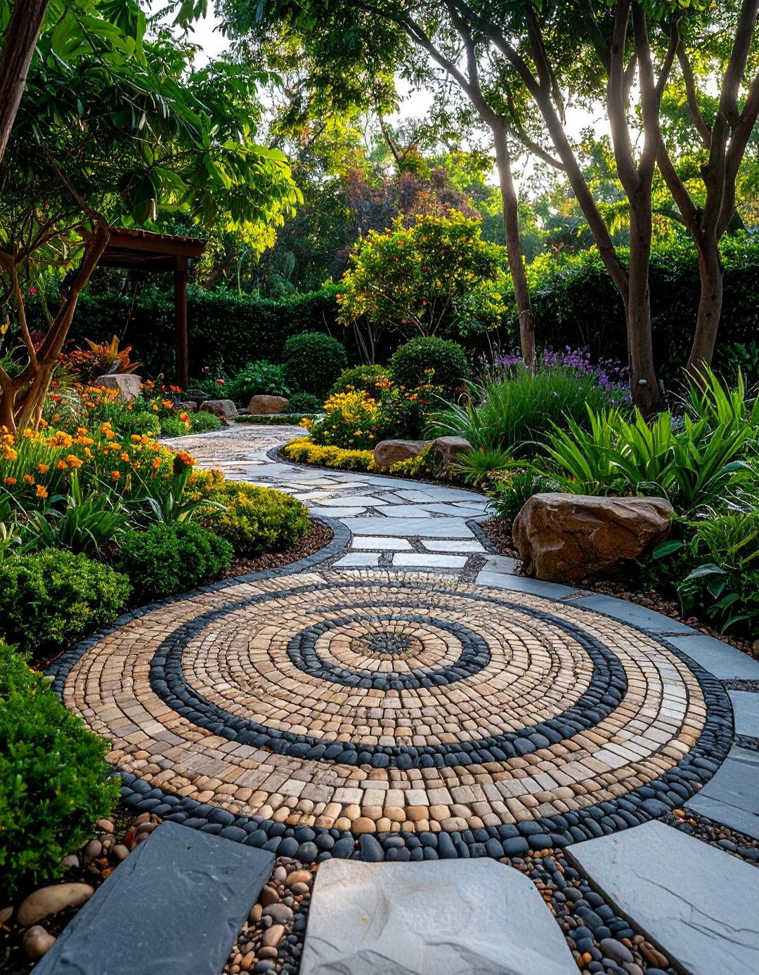 Circular Mosaic Rock Walkway with Artistic Elements - 20 Rock Walkway Ideas