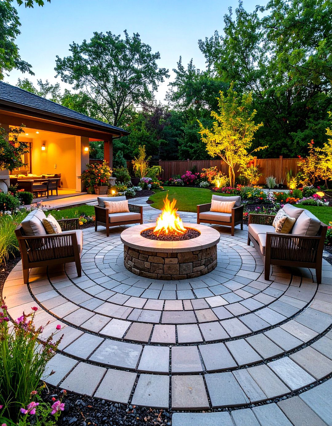 Circular Paver Patio with Central Fire Feature - 20 Paver Patio Ideas