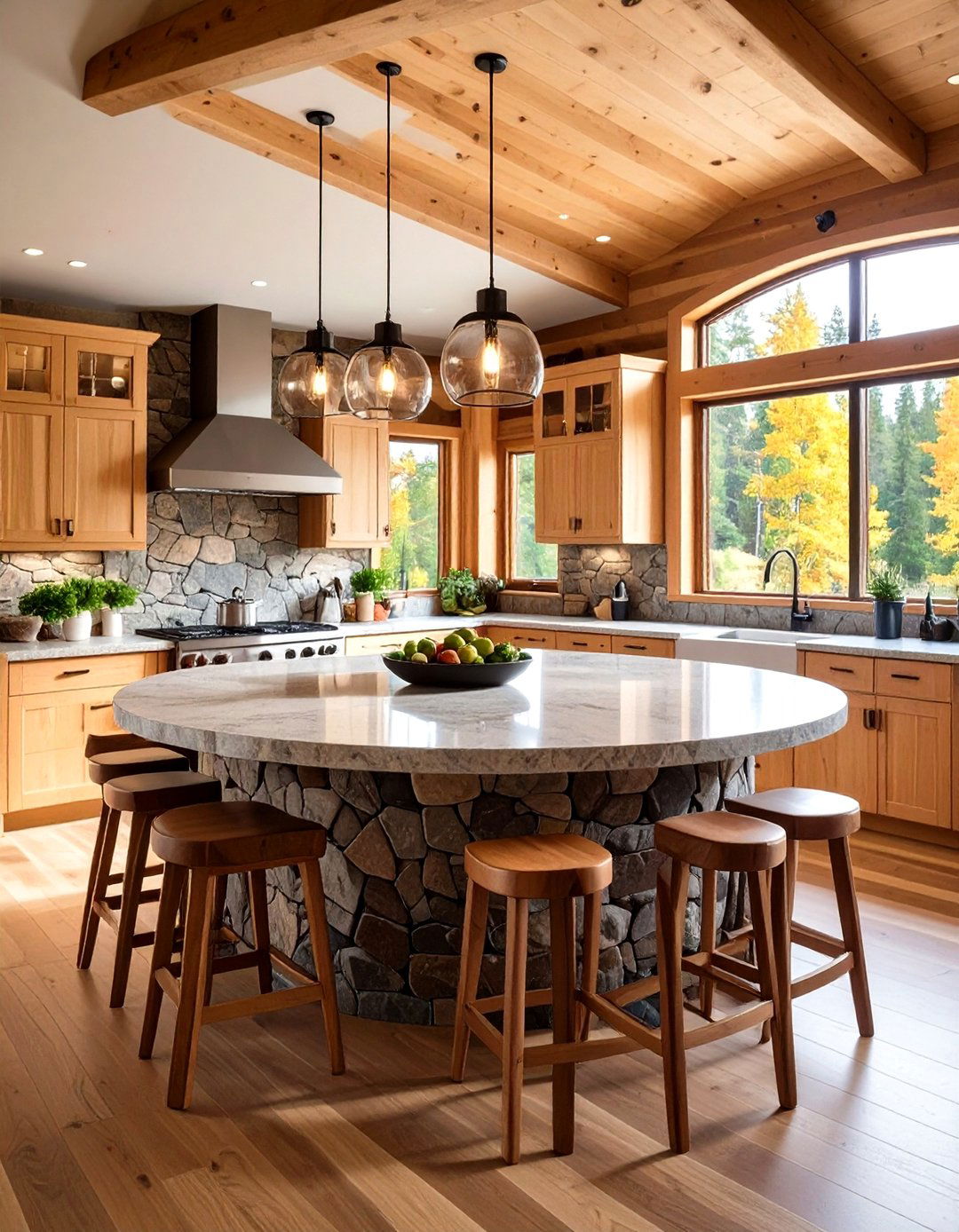 Circular Stone Island Log Cabin Kitchen - 20 Log Cabin Kitchen Design Ideas