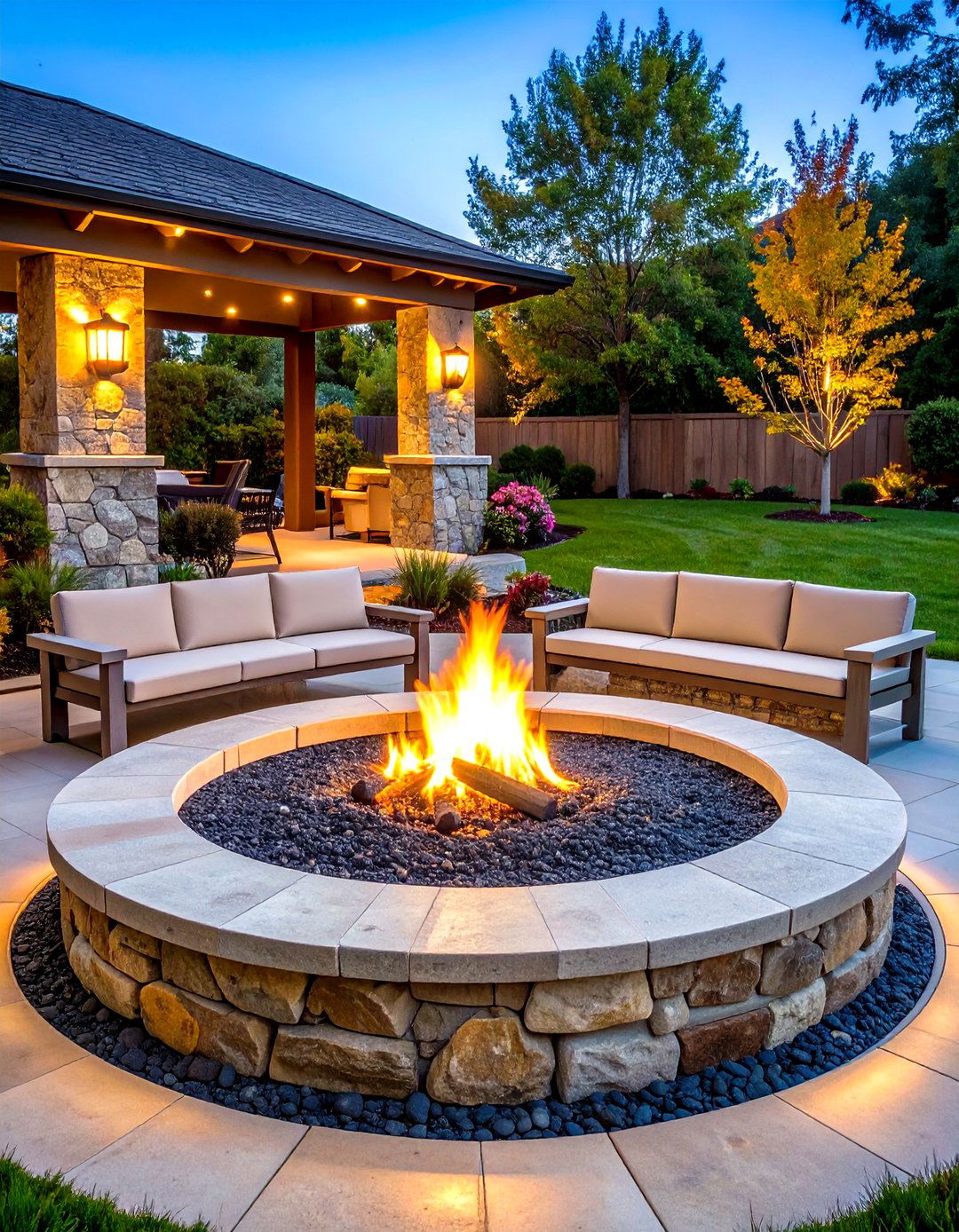 Circular Stone Sunken Pit with Built In Seating - 20 Sunken Fire Pit Ideas