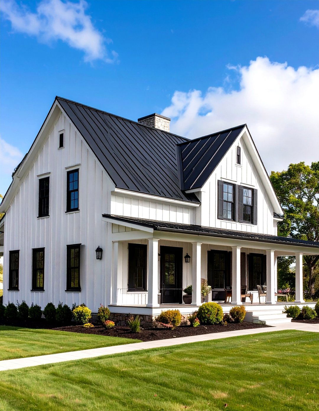Classic Board and Batten White Farmhouse With Black Windows - 20 White Farmhouse With Black Windows Ideas