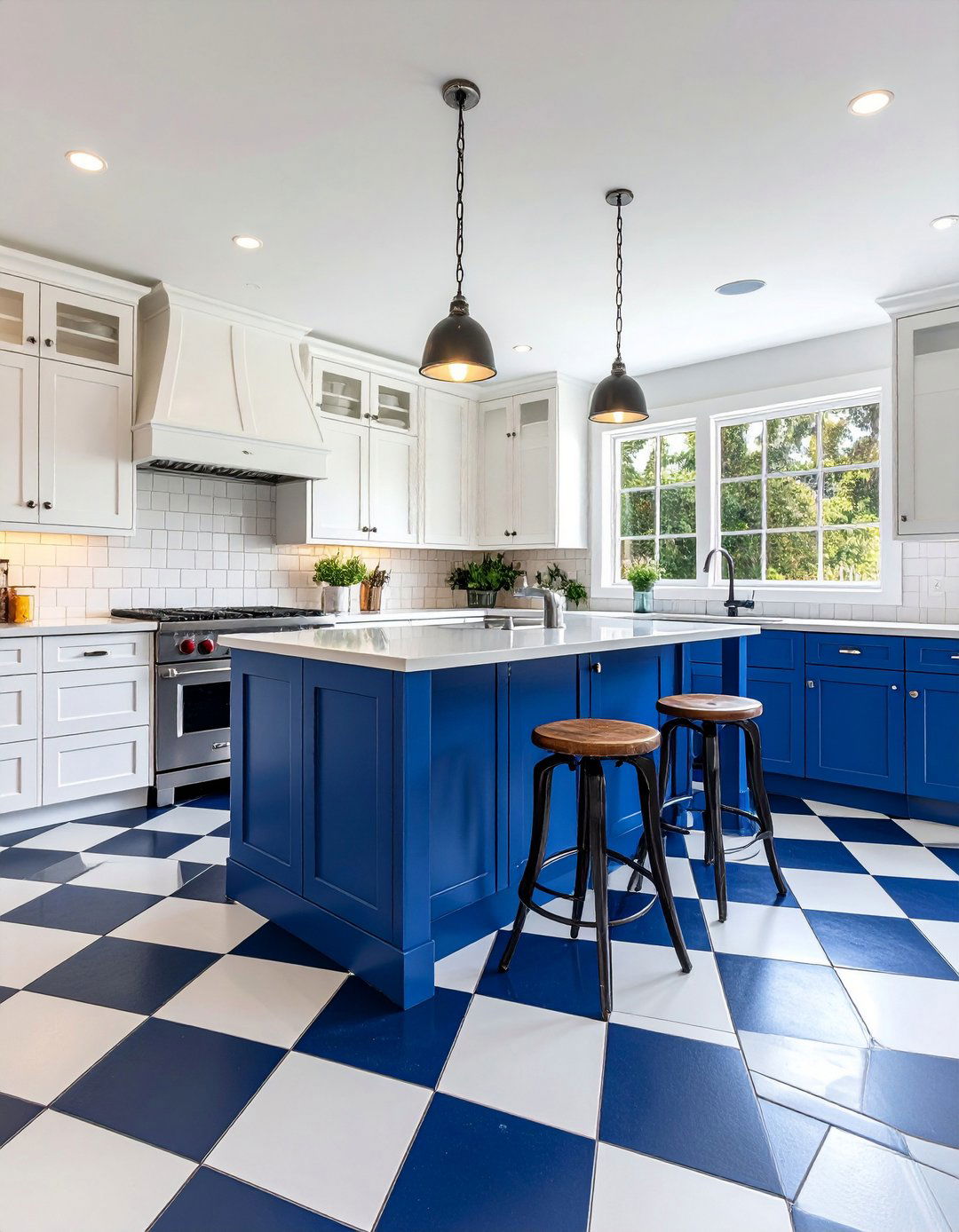 Classic Checkerboard Floor in Blue and White Kitchen - 20 Blue and White Kitchen Ideas