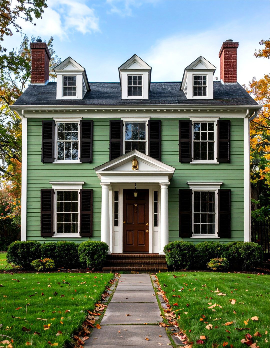 Classic Colonial with Brown Shutters - 20 Sage Green House With Brown Trim Ideas