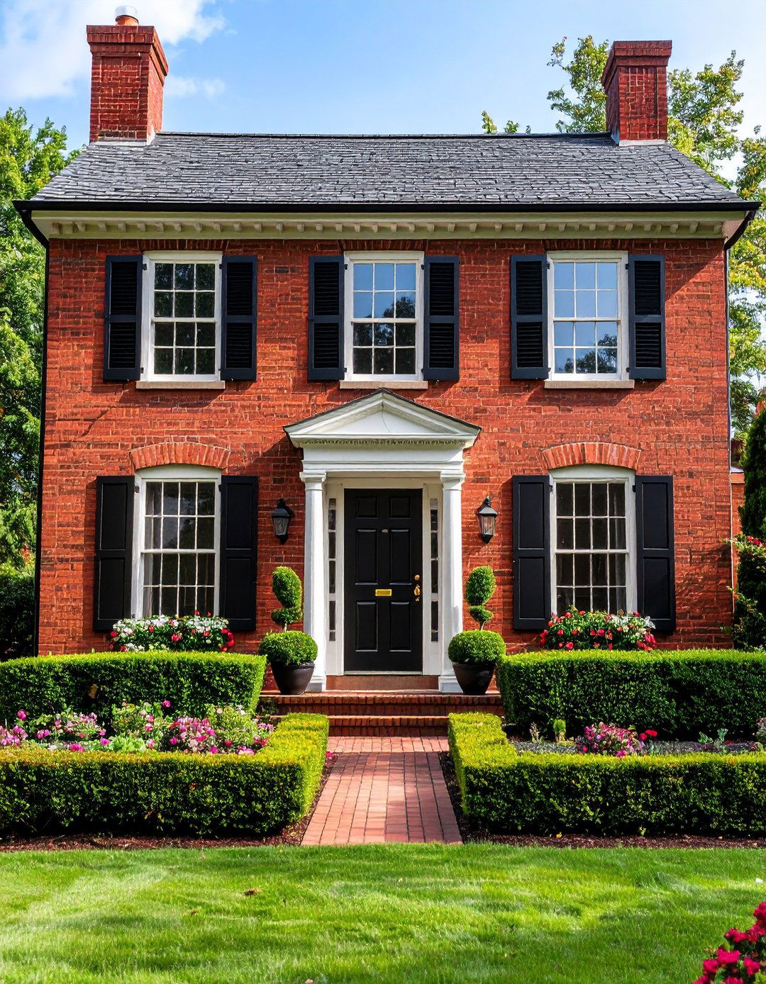 Classic Georgian Red Brick House with Black Shutters and Trim - 20 Red Brick House with Black Trim Design Ideas