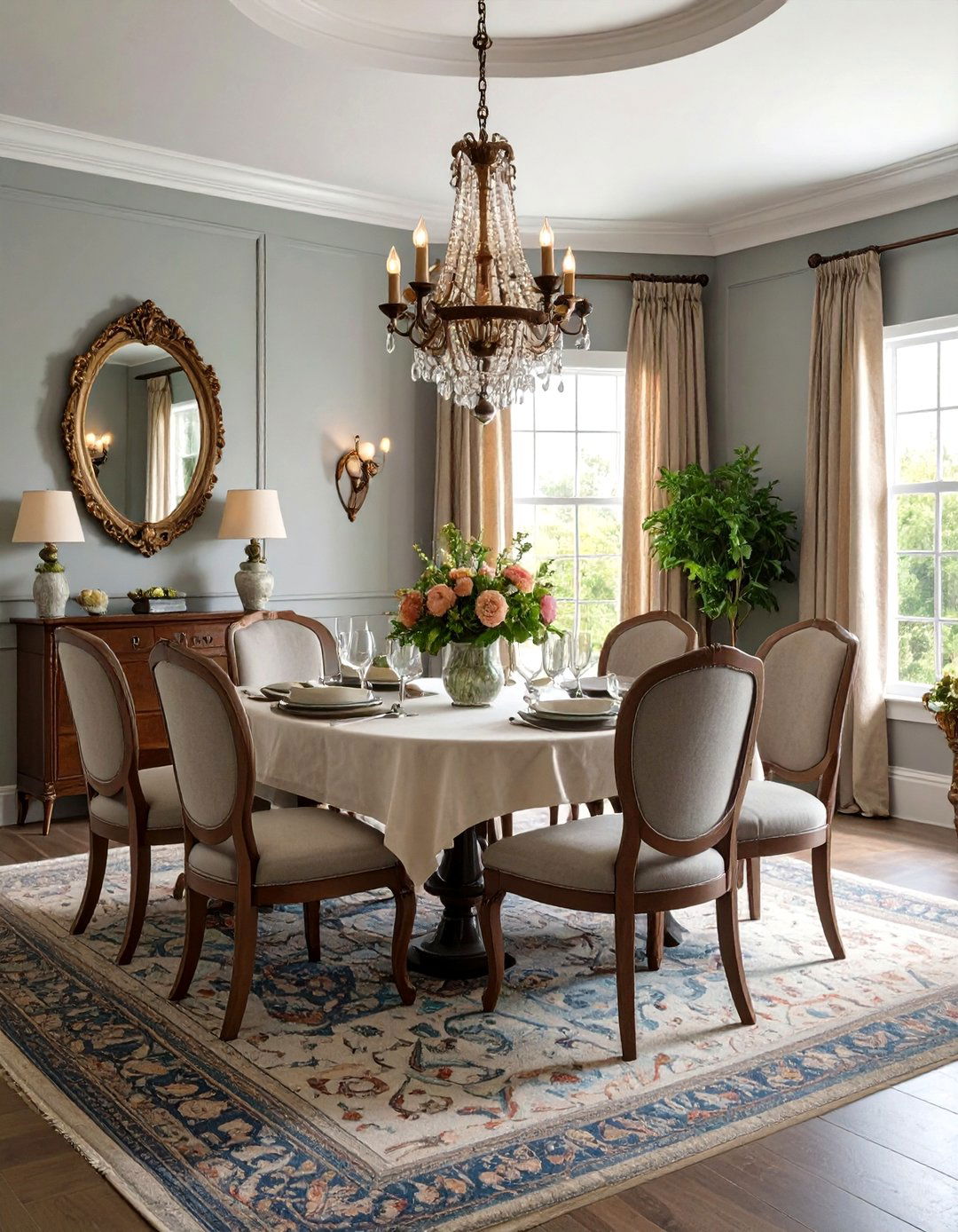 Classic Gray Wainscoting Grounds a Traditional Gray Dining Room - 20 Gray Dining Room Ideas