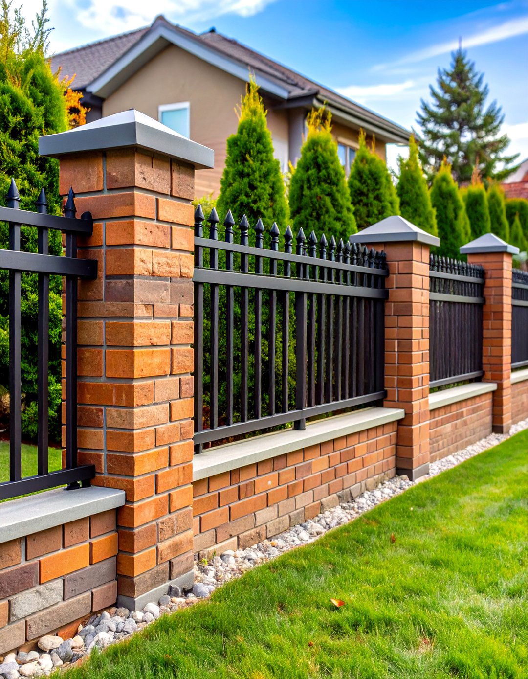 Classic Low Brick Fence with Stone Caps - 20 Front Yard Brick Fence Ideas