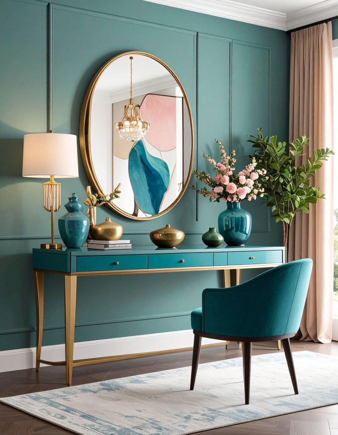 Classic Mirror and Layered Art Entryway Table Display - 20 entryway table decor ideas
