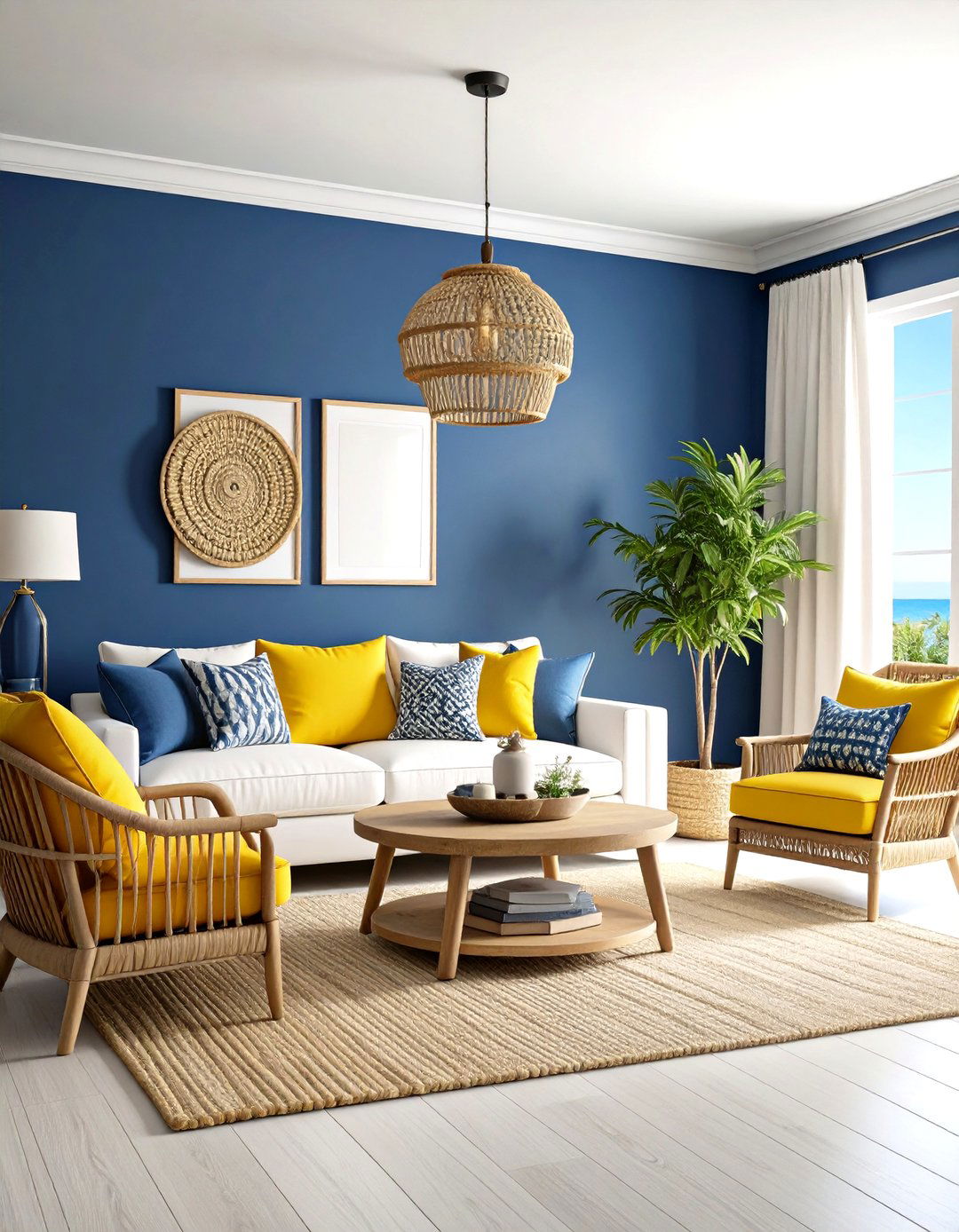 Classic Navy Blue and Sunshine Yellow Coastal Living Room - 20 Yellow and Blue Living Room Ideas
