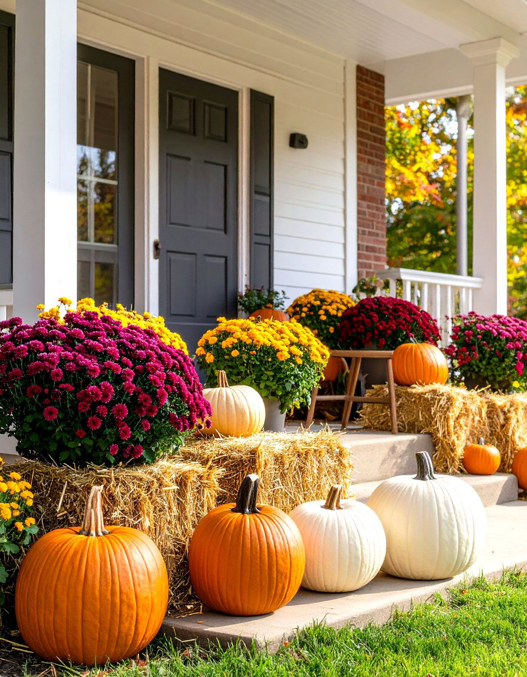 Classic Pumpkin and Mum Fall Porch Display - 20 Fall Porch Decor Ideas