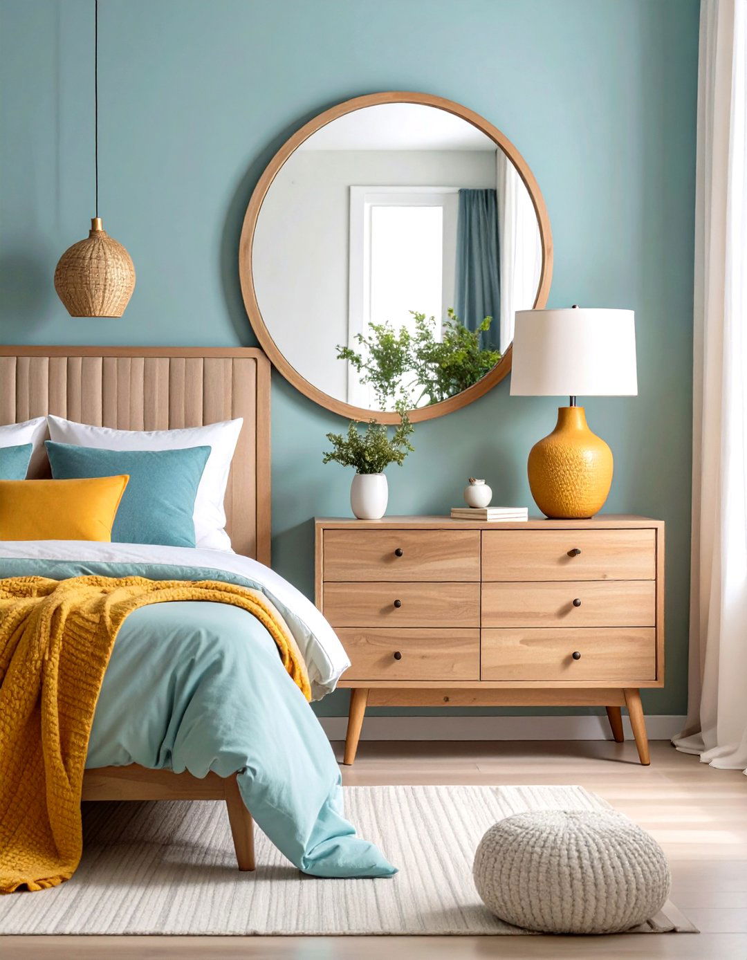Classic Round Mirror Behind Nightstand Design - 20 Mirror Behind Nightstand Design Ideas
